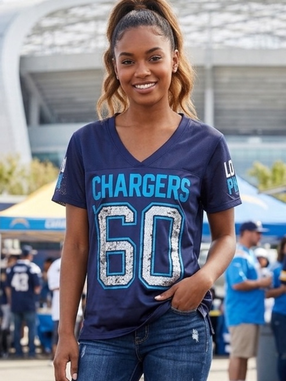 PINK Victoria's Secret NFL Chargers Sequin Jersey Mesh Shirt Medium Like New